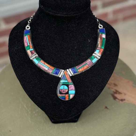 Frank Yellowhorse Jewelry - Frank Yellowhorse Rare vintage Navajo sterling mosaic necklace with turquoise